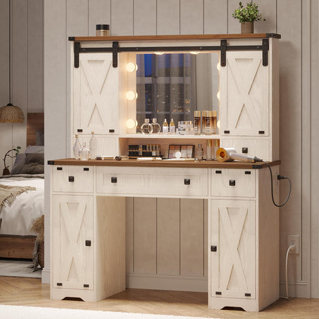 DICTAC Farmhouse Makeup Vanity Desk with Lighted Mirror & Power Strips, Vanity Table with Sliding Barn Door Hidden Shelves & 5 Drawers & 2 Cabinets, White Dressing Table for Bedroom, Lights Adjustable DICTAC