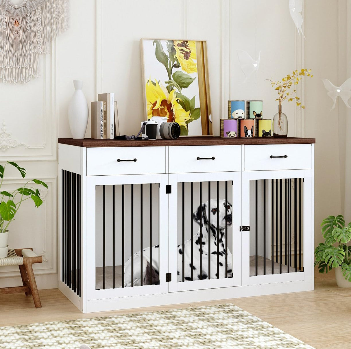 DAWNSPACES Extra Large Dog Crate Furniture with 3 Drawers, 55.3" Indoor Heavy Duty Dog Kennel House, Furniture Style Dog Crate Side End Table TV Stand for XL Large Medium Breed Dogs, White DAWNSPACES