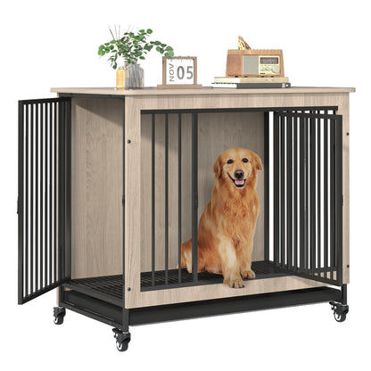 Advwin Dog Crate Funiture Style,Wooden Kennel Indoor with Removable Tray, 2 Doors, Heavy Duty Sturdy Corner End Table, Cage for Small Medium Large Dogs, 38.6" L x 23.4" W x 32" H, Beige