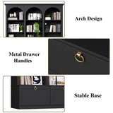 71" Triple Bookshelf with Doors, 5 Tier Tall Bookshelf with Cabinet , Large Book Shelf w/ 12 Adjustable Open Display Shelves & Anti-Tipping, 63" Wide Arched Bookcase for Living Room, Study, Black Loomie