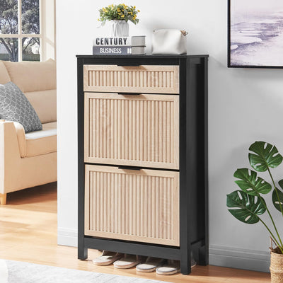 HUSHEDIFY 2 Flip Drawers Shoe Cabinet Storage for Entryway, Narrow Shoes Organizer Cabinet for Front Door Entrance, Free Standing Hidden Wooden Hallway Shoe Rack(Oak&Black)