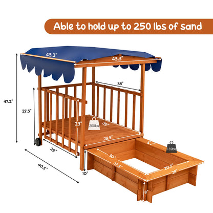 Costzon Kids Retractable Sandbox with Canopy, Wooden Cedar Cabana Playhouse with Large Play Area, Rear Wheels, Guardrails, Children Outdoor Playset Sandpit for Backyard, Home, Lawn, Garden, Beach