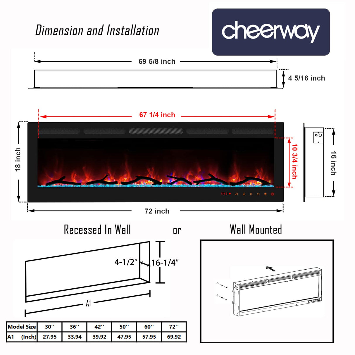 Cheerway 72 Inch Electric Fireplace, Recessed Fireplace Insert and Wall Mount Fireplace Heater with Remote & Touch Control, Adjustable Flame Color & Brightness, Log Set & Crystals, Child Lock & Timer Cheerway