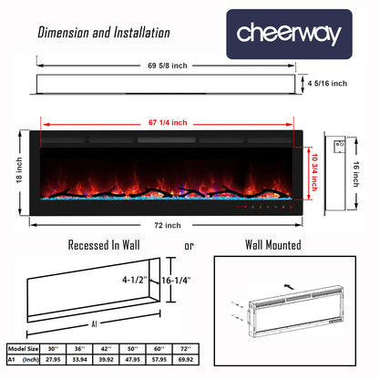 Cheerway 72 Inch Electric Fireplace, Recessed Fireplace Insert and Wall Mount Fireplace Heater with Remote & Touch Control, Adjustable Flame Color & Brightness, Log Set & Crystals, Child Lock & Timer