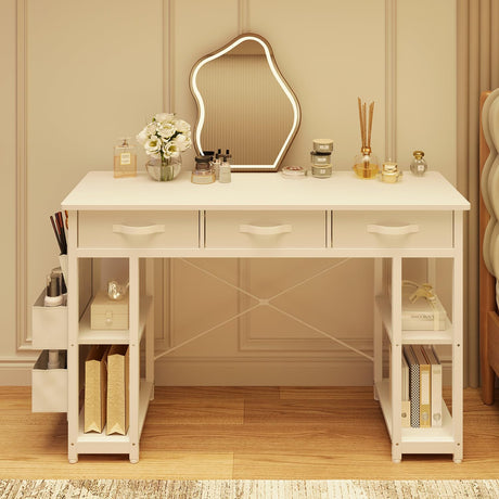 oneinmil White Vanity Desk, Computer and Study Desk with Fabric Drawers & Side Storage Bag, no Mirror. Makeup Vanity Table, Home Office Desk, Modern Writing Desk, 48"x16". oneinmil