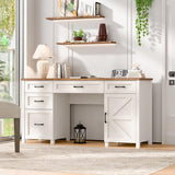 Farmhouse 61'' Executive Desk with 5 Drawers, Rustic Office Desk Computer Desk with Charging Station, File Drawers and Storage Cabinet, Wood Workstation for Study and Home Office,(Unique White) Vabches