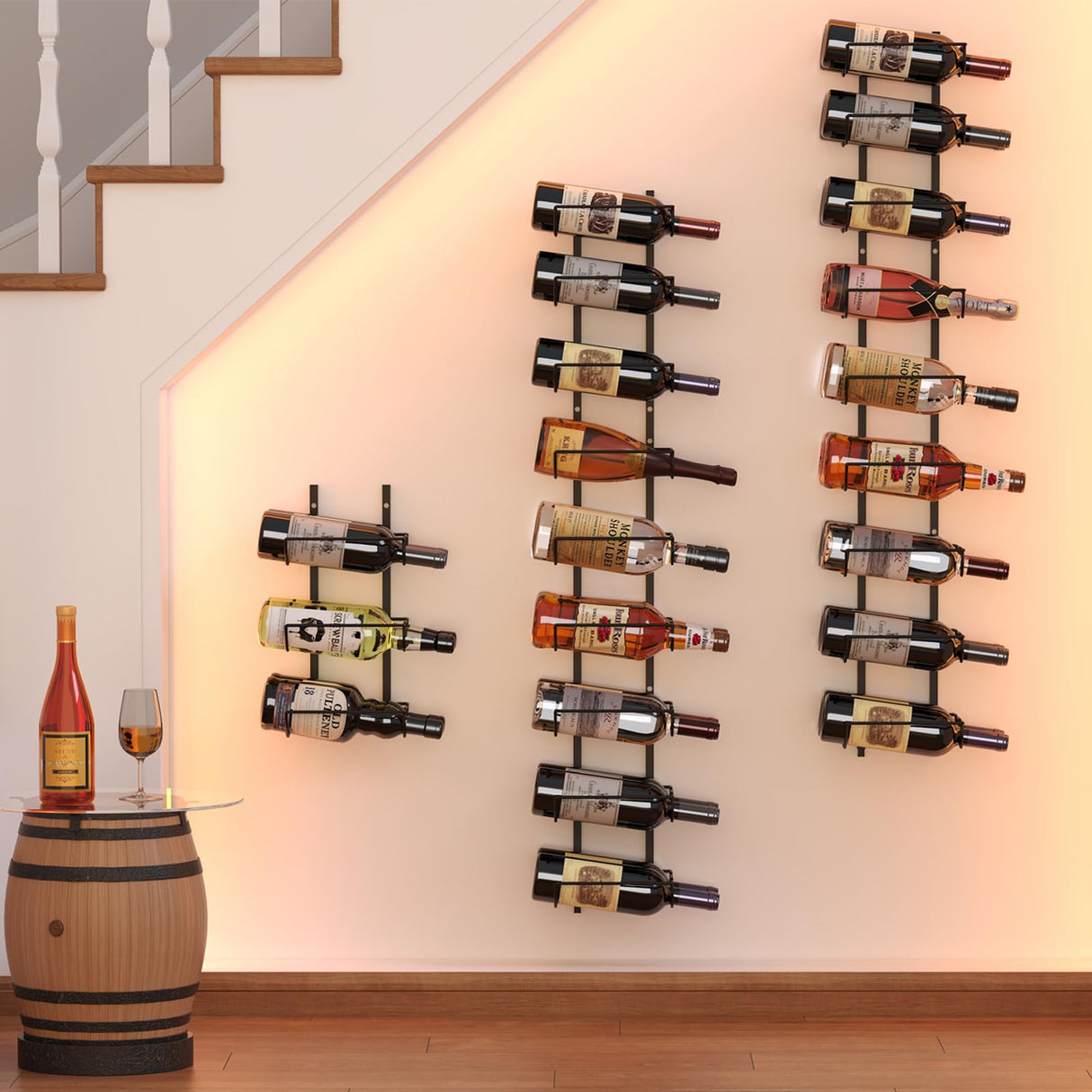 JKsmart 24 Bottles Wall Mounted Wine Rack, Adjustable Height Wine Rack Wall Mounted for Wine Bottles, Liquor, Champagne, Matte Metal Black Wine Wall Rack for Kitchen, Pantry, Bar, Wine Cellar JKsmart