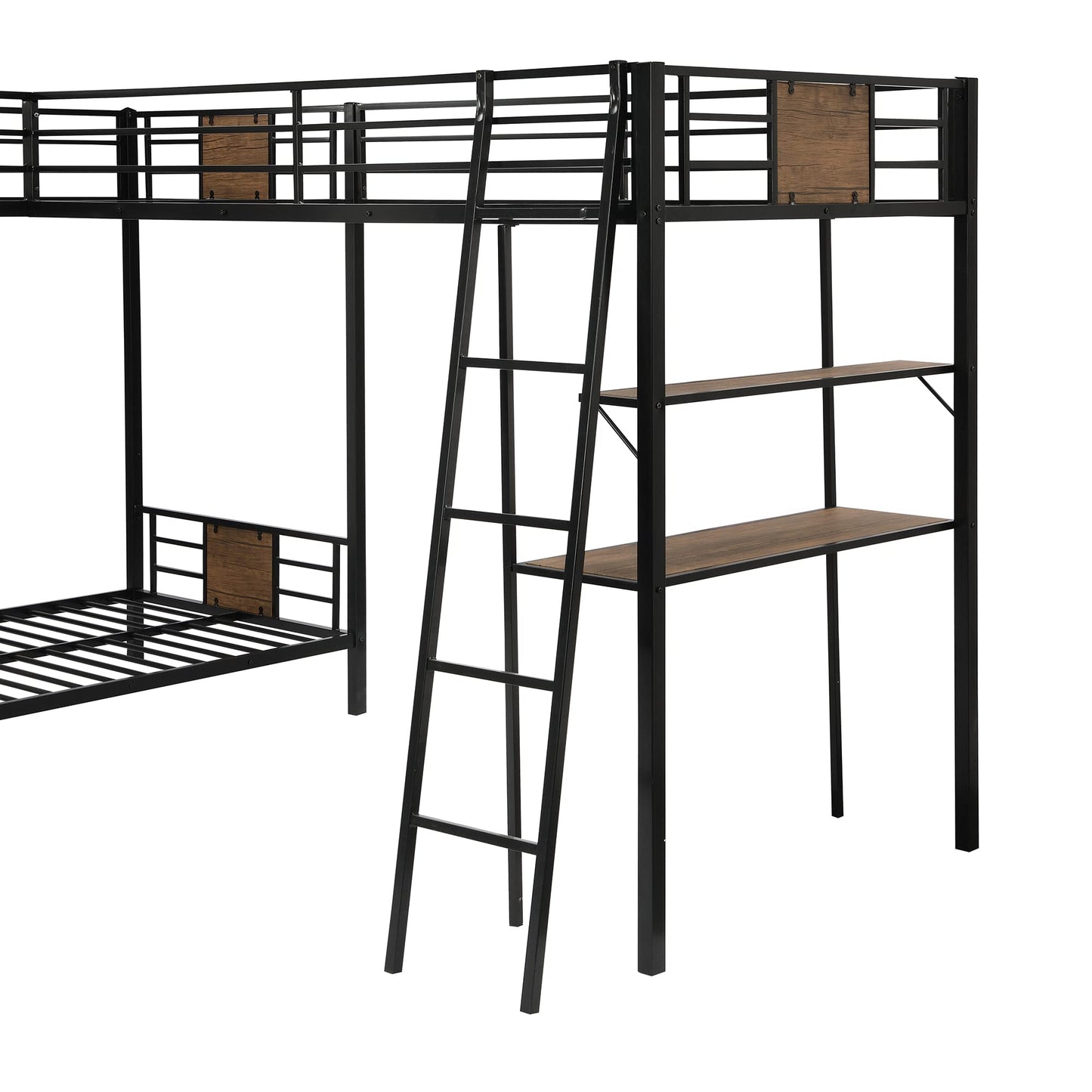 Harper & Bright Designs Metal Triple Bunk Bed with Desk, L-Shape Twin Bunk Bed and High Loft Bed with Storage Shelves, 3 Bunk Beds for Kids Teens Boys & Girls (3 Beds in 1, Brown)