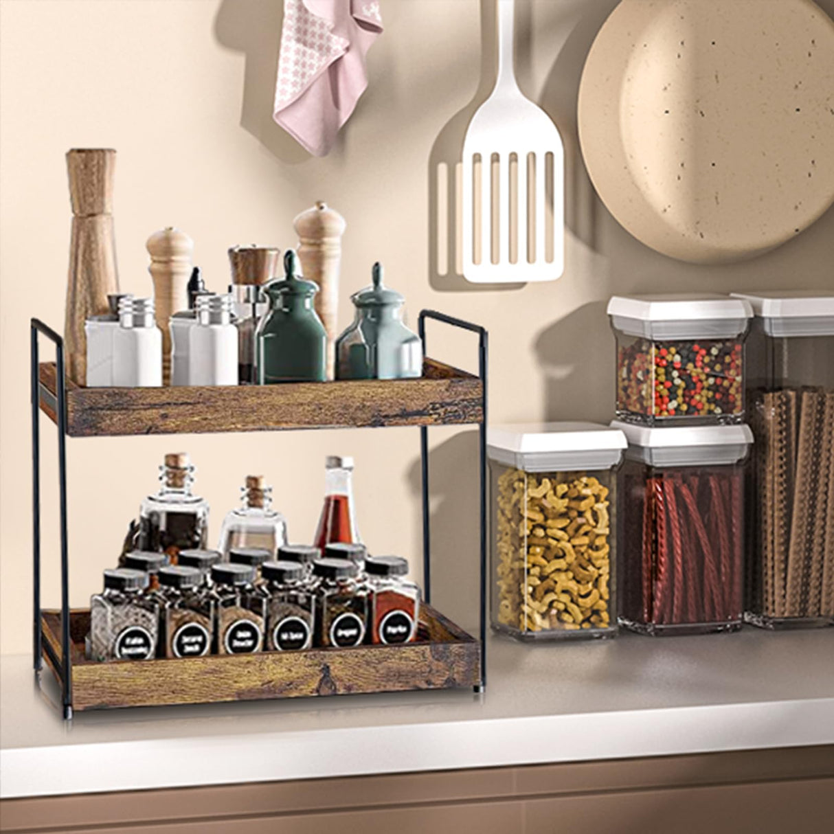 mahueeol 2 Tier Bathroom Counter Organizer Wood Bathroom Storage Shelf Spice Rack for Kitchen Countertop Vanity Tray Makeup Storage Coffee Station Organizer-Rustic Brown mahueeol