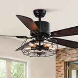 APBEAMLighting Industrial Caged Ceiling Fan Light with Remote Control 52 Inch Vintage Ceiling Fan Light Farmhouse Black Retro Indoor Fandelier with 5 Reversible Wood Blades for Living Room Bedroom APBEAMLighting