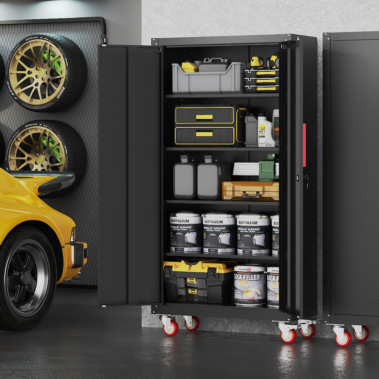 Rumetol Metal Storage Cabinet with Wheels,71" Garage Cabinets with 4 Adjustable Shelves and Lockable Doors,Black Locking Cabinet Suitable for Garages,Home,Office Rumetol