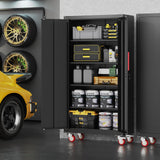 Rumetol Metal Storage Cabinet with Wheels,71" Garage Cabinets with 4 Adjustable Shelves and Lockable Doors,Black Locking Cabinet Suitable for Garages,Home,Office Rumetol