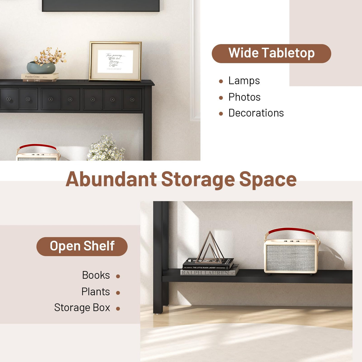 Giantex Narrow Console Table with Storage - 60" Long Sofa Side Table w/ 4 Drawers & Open Shelf, Solid Wood Legs, Rectangular Entry Table, Retro Entryway Table for Living Room Hallway, Foyer, Black Giantex