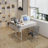 Lufeiya Small White Computer Desk with Fabric Drawers for Home Office Bedroom, 40 Inch Vanity Desk with Drawer Storage and Side Pouch, Study Writing Table, White Lufeiya