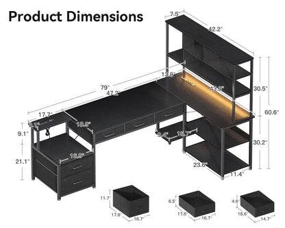 AODK 79 inch L Shaped Desk with File Drawers, Reversible L Shaped Gaming Desk with Power Outlets & LED Lights, Computer Desk with Storage Shelves for Home Office, Black