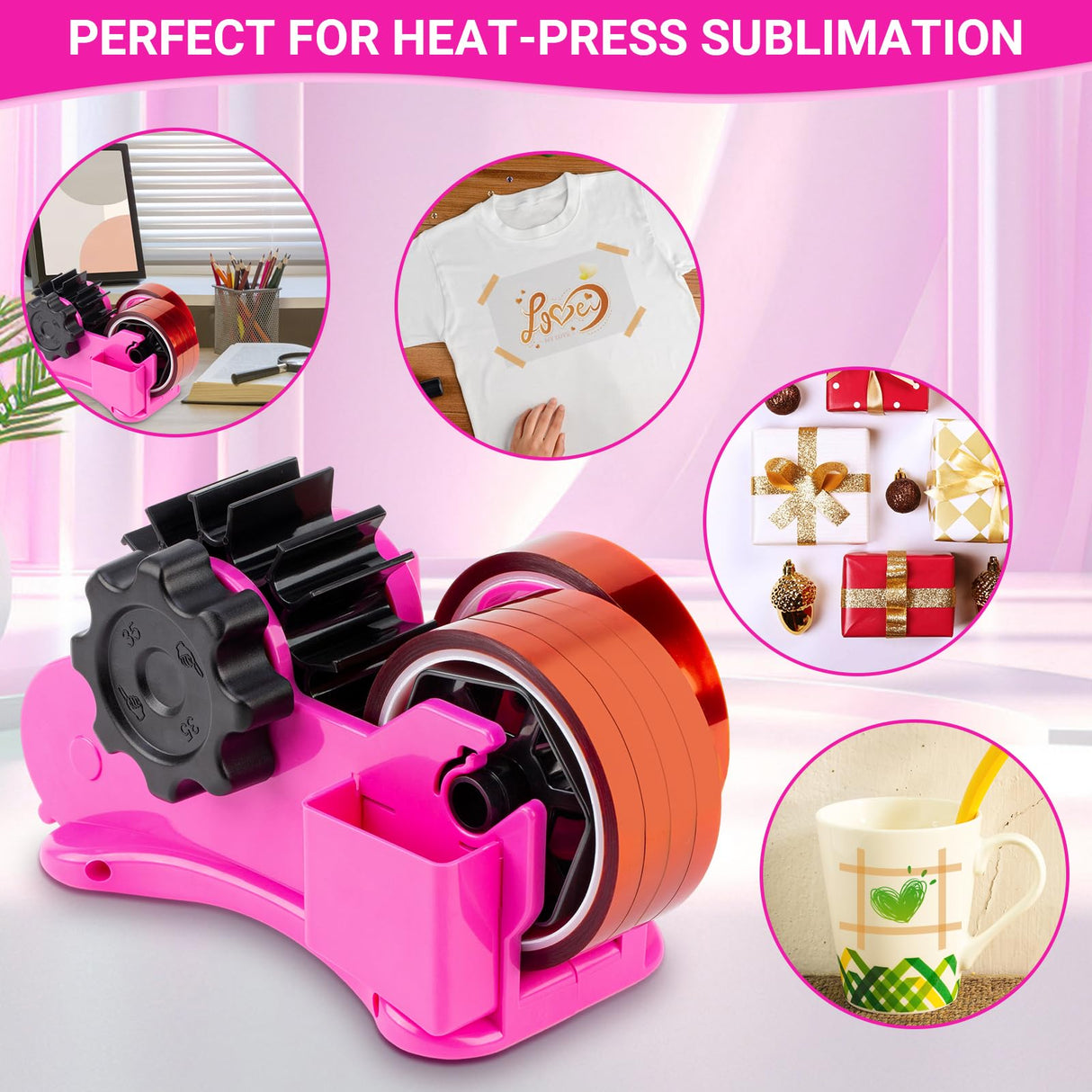 THINKLEARN Pink Heat Tape Dispenser Sublimation - Heat Transfer Tape Dispenser with Cutting Set, 1 '' & 3'' Core, Multi-Roll Cut Tape Dispenser for Crafting, PreCut 1.4'' Pieces ThinkLearn