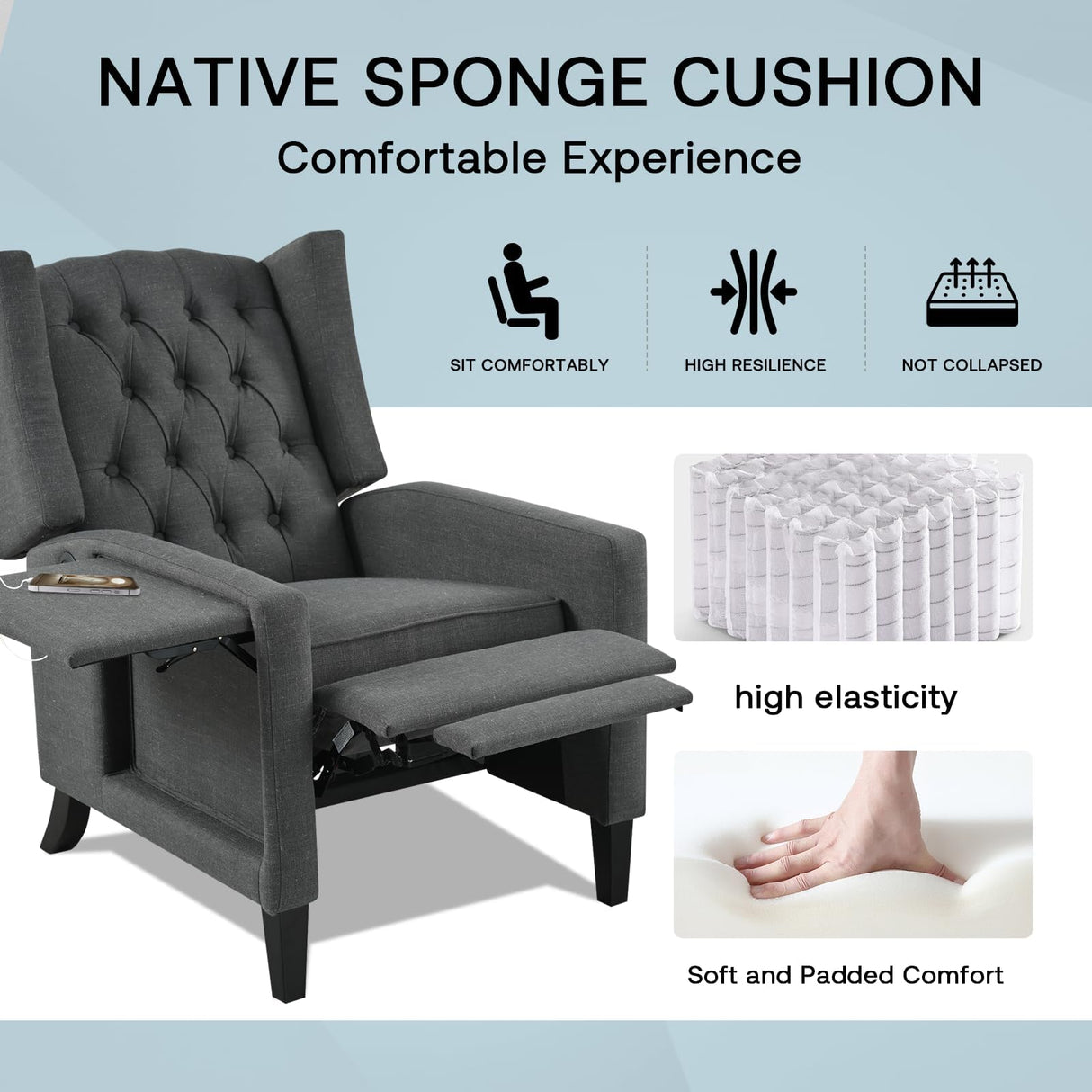 Vaztrlus Gray Manual Recliner Chair with Foldable Side Table USB Charger Wingback Tufted, Wall Hugger Recliners for Small Spaces, Living Room, Bedroom Inexpensive Lazy Boy Style Recliner Vaztrlus