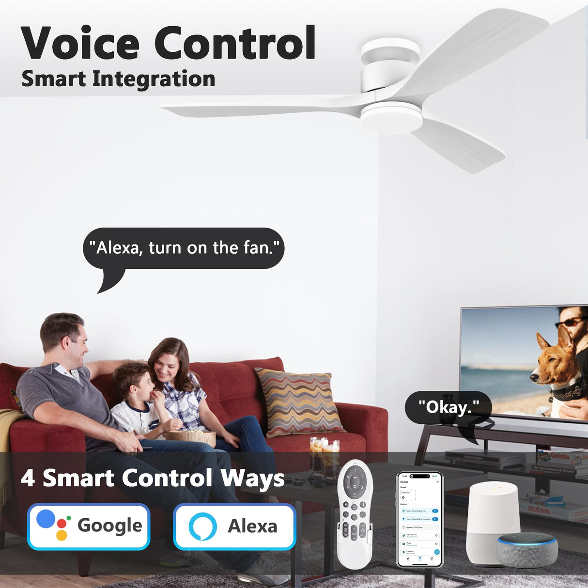 52 Inch Smart Low Profile Ceiling Fans,Solid Wood Outdoor Indoor Ceiling Fan with Lights Remote,WIFI Alexa App Control,Quiet DC Motor,Dimmable LED,Modern Flush Mount Fan for Bedroom Patio,White Lorpies