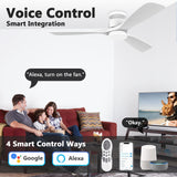 52 Inch Smart Low Profile Ceiling Fans,Solid Wood Outdoor Indoor Ceiling Fan with Lights Remote,WIFI Alexa App Control,Quiet DC Motor,Dimmable LED,Modern Flush Mount Fan for Bedroom Patio,White Lorpies