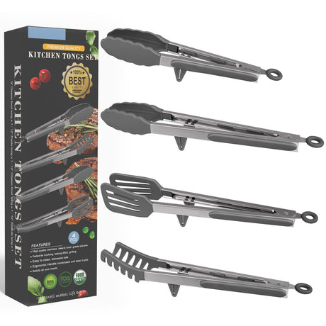 4in1 Stainless Steel Kitchen Food Tongs Set for Cooking with Silicone Tips, Toaster Steak Pie Pizza Pasta Spaghetti Noodles Salad Fruit Vegetable Grill BBQ Buffet Clamp Serving Tools Gadgets Aschef