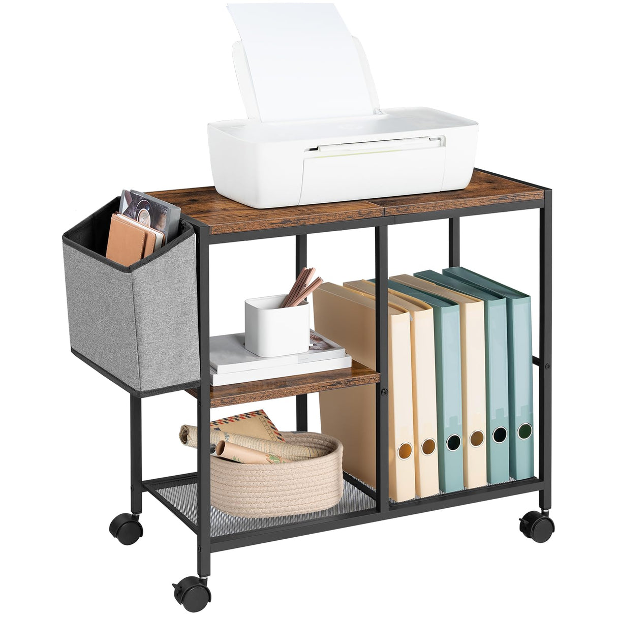 MAHANCRIS Printer Stand with Storage Bag, 3-Tier Mobile Under Desk Printer Cart with Wheels, Wood Rolling Printer Table, Organizer Shelf for Study, Office, Living Room, Rustic Brown PTHR2201 MAHANCRIS