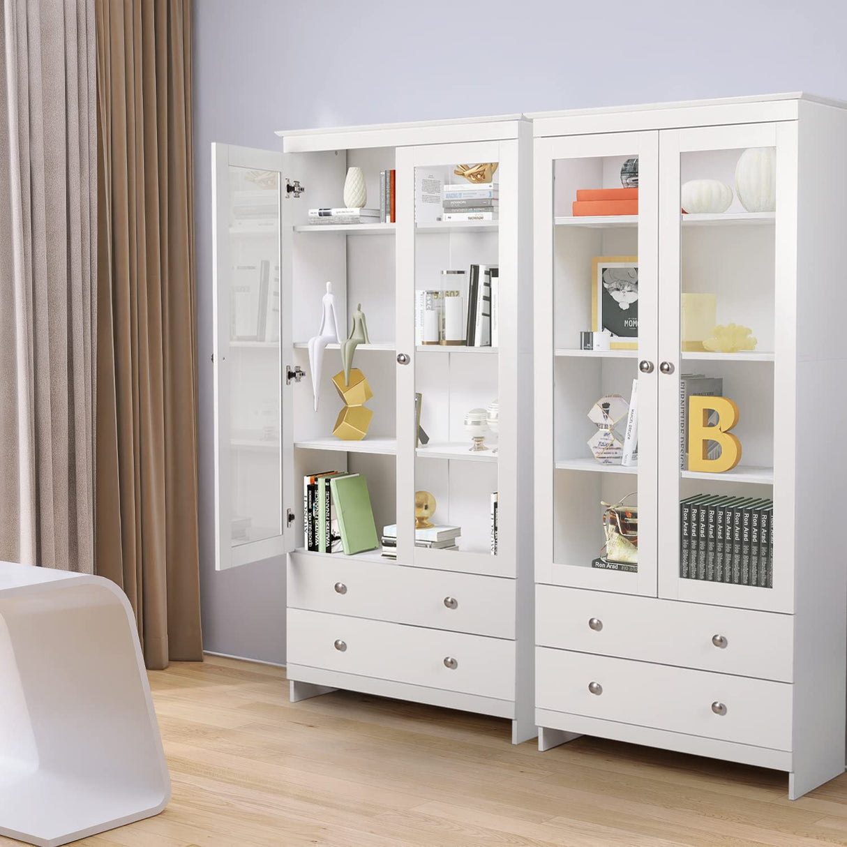 YIGOBUY White Bookcase with Glass Doors 4-Tier Tall Bookshelf with Cabinet and Drawers Wood Curio Storage Cabinets Wide 4 Cube Storage Organizer for Living Room Bedroom Bathroom Office Kitchen YIGOBUY