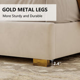 YUMPIE Queen Size Platform Bed Frame with 61" Extra Tall Headboard, Velvet Upholstered Bed with Golden Plating Trim, Wooden Slats/No Box Spring Needed/Noisy Free/Cream YUMPIE