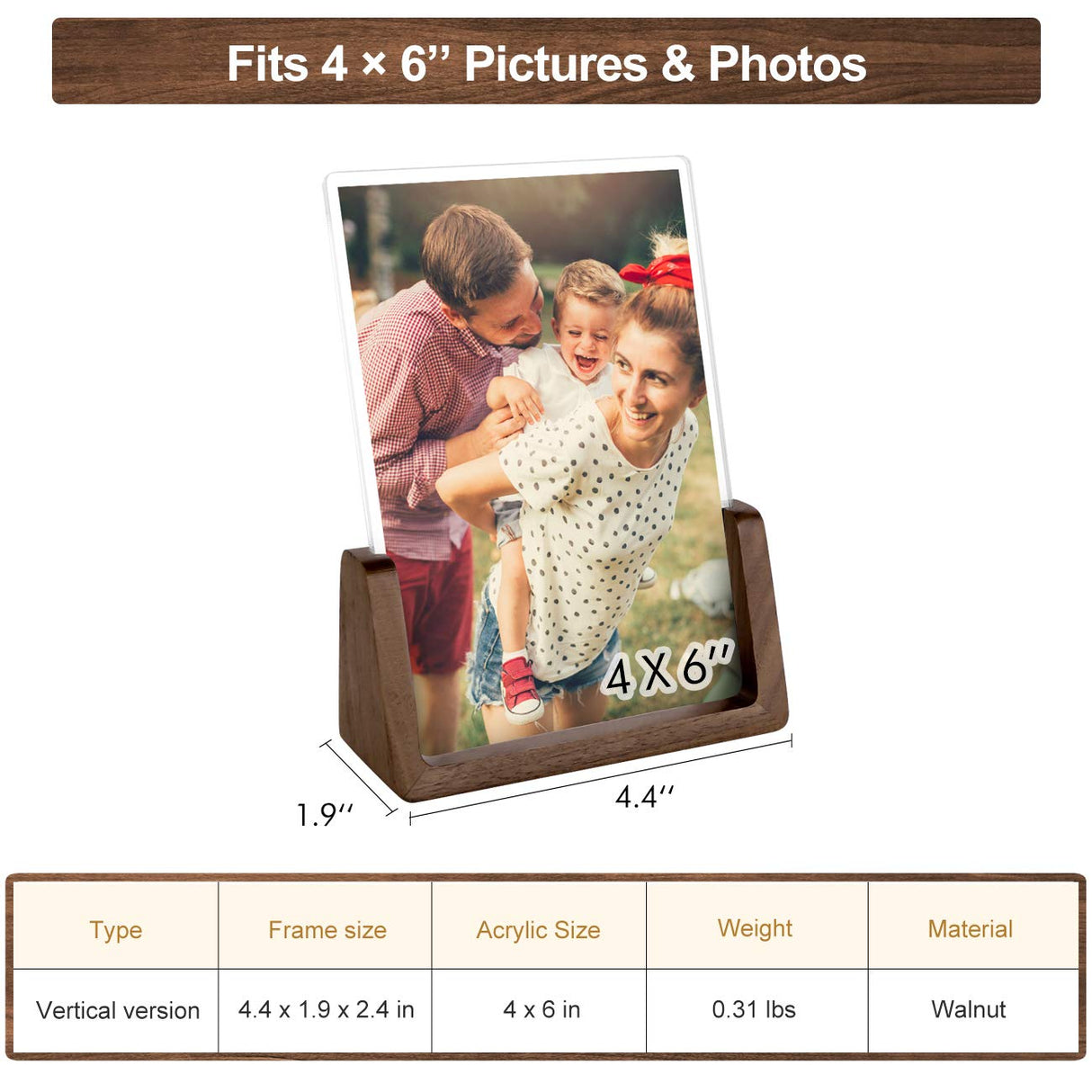 Mixoo Picture Frame 2 Pack - Rustic Wooden Photo Frames with Walnut Wood Base and High Definition Break Free Acrylic Glass Covers for Tabletop or Desktop Display (4x6 inch, Vertical + Vertical) Mixoo