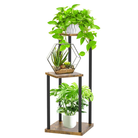 Oppro 3 Tier Plant Stands Indoor, Metal Wood Tiered Corner Plant Stand Pot Holder, Wood Flower Shelf Display Rack for Living Room Bedroom Outdoor Balcony Garden Patio, Black Oppro