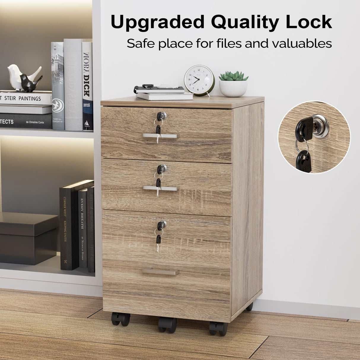 VINGLI 3-Drawer File Cabinet with Lock, Wood Rolling File Cabinet Under Desk File Cabinets for Home Office, Mobile Printer Stand & File Cabinet for Letter Sized Files, 26" H(Caster Included), Oak VINGLI