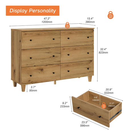 WAMPAT Dresser with 6 Drawers for Bedroom, Wooden Kids Dressers with Wide Chest of Drawers, Modern Closet Storage Organizer Furniture with Solid Wood Legs for Living Room, Hallway, Nursery, Oak Brown WAMPAT