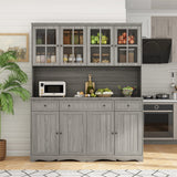 AIEGLE Large Kitchen Hutch Cabinet, Storage Cupboard Pantry with Glass Doors, Drawers & Countertop, Floor Kitchen Pantry Storage Cabinet Utility Buffet, Wooden Grey (61.2" L x 18.1" W x 75.9" H) AIEGLE