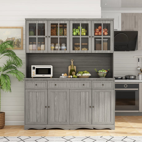 AIEGLE Large Kitchen Hutch Cabinet, Storage Cupboard Pantry with Glass Doors, Drawers & Countertop, Floor Kitchen Pantry Storage Cabinet Utility Buffet, Wooden Grey (61.2" L x 18.1" W x 75.9" H) AIEGLE