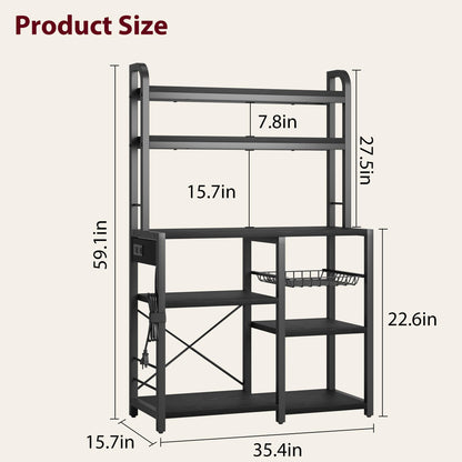 IDEALHOUSE Rustic Black Bakers Rack with Power Outlet & Large Storage - 6-Tier Kitchen Buffet Table - WoodArtSupply