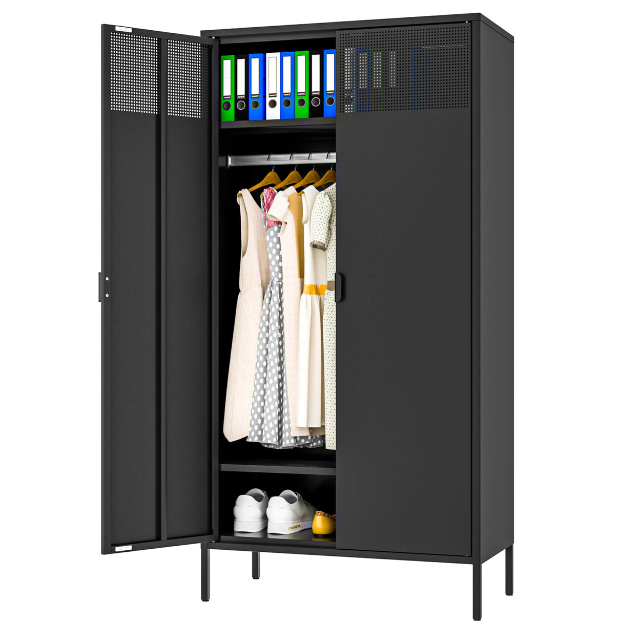 Ustamio 71 Inches Black Metal Wardrobe Cabinet with Hanging Rod, Metal Armoire Wardrobe Closet with Doors for Bedroom, Office, Laundry Room and Changing Room, Metal Locker Cabinet Ustamio