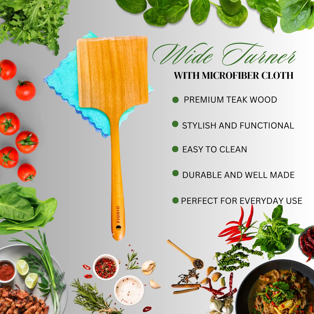 Fiodio Home Teak Wide Wooden Spatula with Microfiber Cloth - Natural Non-Stick Healthy Kitchen Utensils - Handcrafted with Comfort Grip