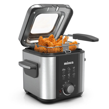 minca 1.6 Quart Deep Fryer, Removable Lid with Odor Filter and Viewing Window, Immersion Frying Basket with Heat-insulated Foldable Handle, Adjustable Temperature, Stainless Steel minca