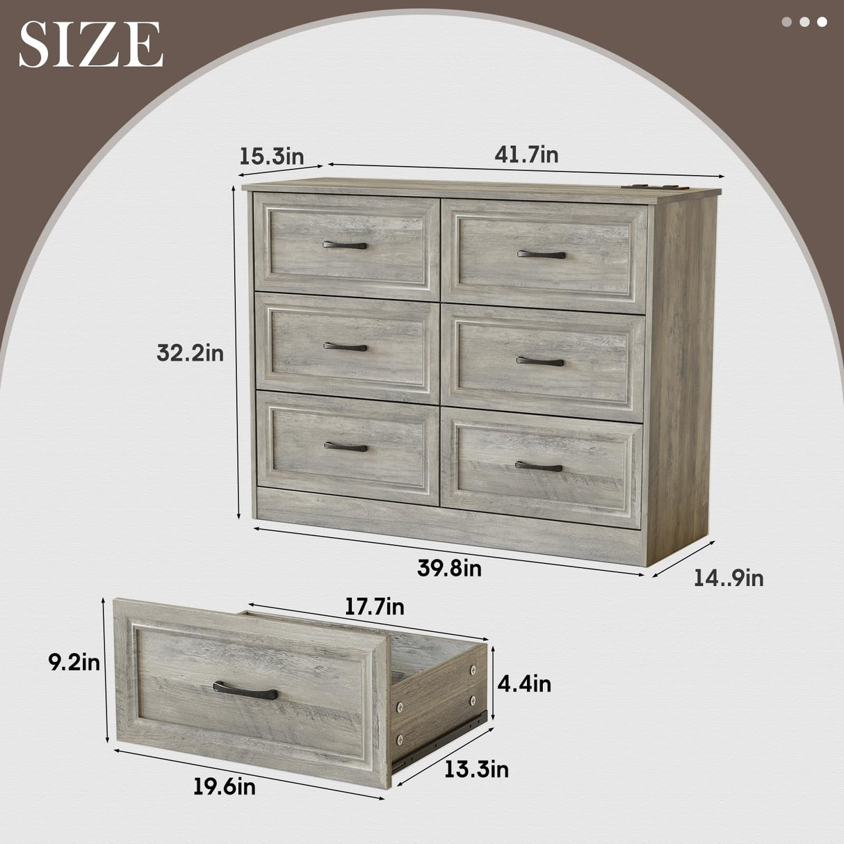 Fameill Dresser for Bedroom, 6 Drawer Wide Dresser Organizer with Charging Station, Tall Dresser for Hallway, Wood Dresser with Metal Handles, Ash Grey Fameill