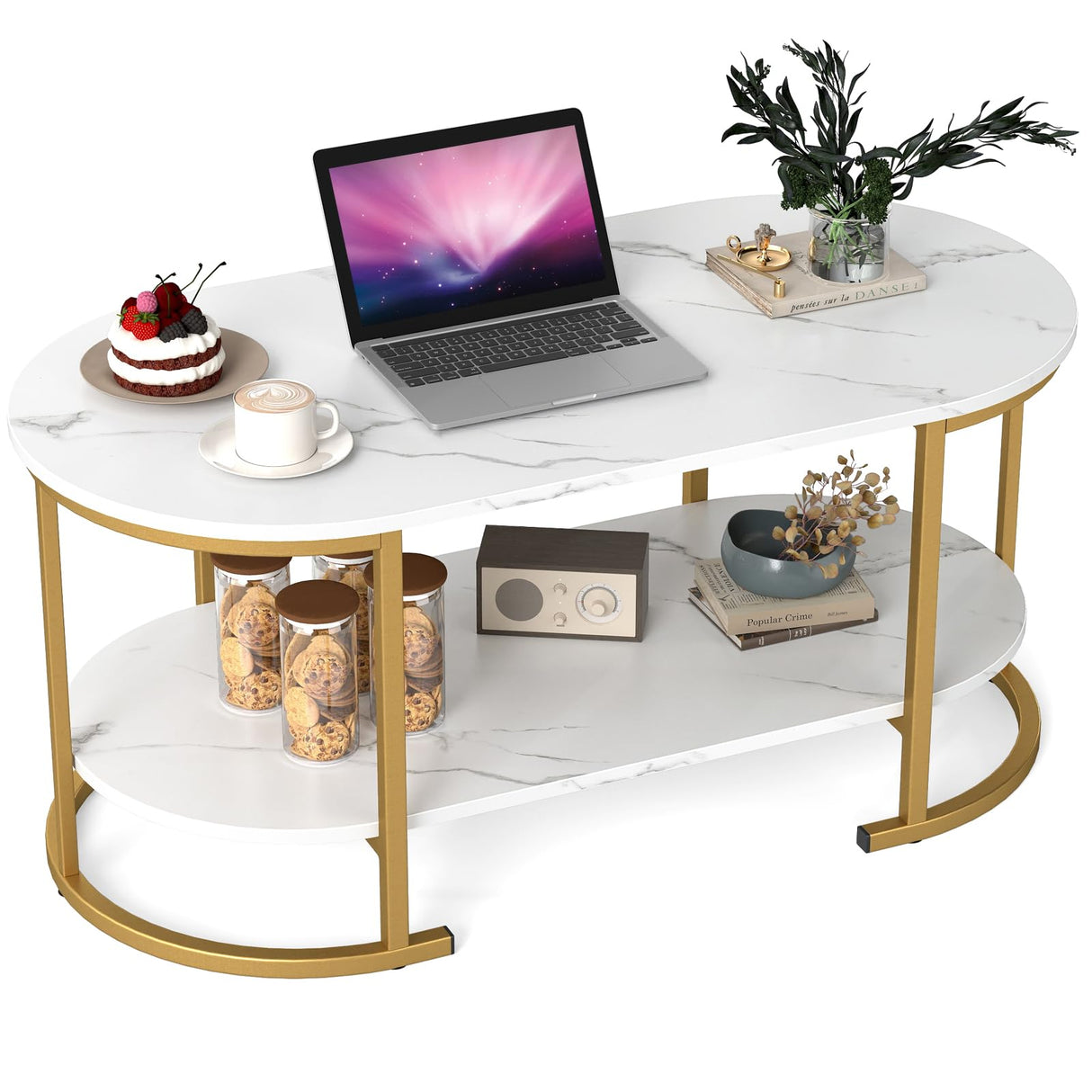 Giantex 2-Tier Coffee Table, Oval Center Table with Faux Marble Top & Open Storage Shelf, Modern Accent Table with Heavy Duty Metal Frame, Oval Coffee Tables for Living Room, White and Gold Giantex