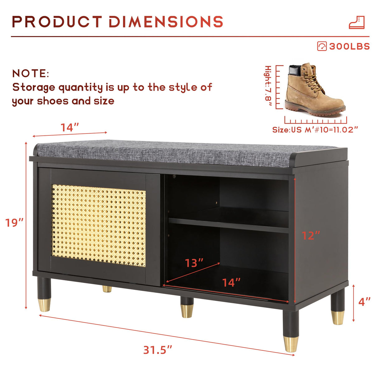 Anbuy Shoe Storage Bench for Entryway with Rattan Door, Rattan Shoe Rack Bench entryway Bench, Shoe Cabinet with Soft Cushion, Holds 300 lb, 31.5 x 13.78 x 19.1 inches (Black) Anbuy