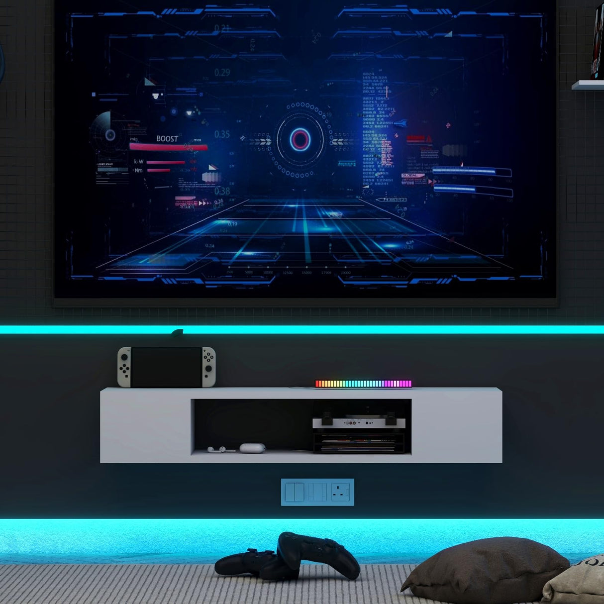 GHC Floating TV Stand, Wall Mounted Entertainment Center and Cabinet Shelf, Media Console for DVD Player, Space-Saving Under TV Shelf for Bedroom, Living Room (White) GHC