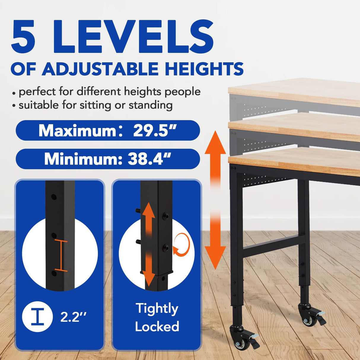 GarveeTech Adjustable Workbench 60' x 22', 2000 Lbs Load Capacity, 29.5"-38.4" Heights Garage Worktable with Universal Wheels & Power Outlet, Heavy-Duty Table for Workshop Office Home Commercial GarveeTech