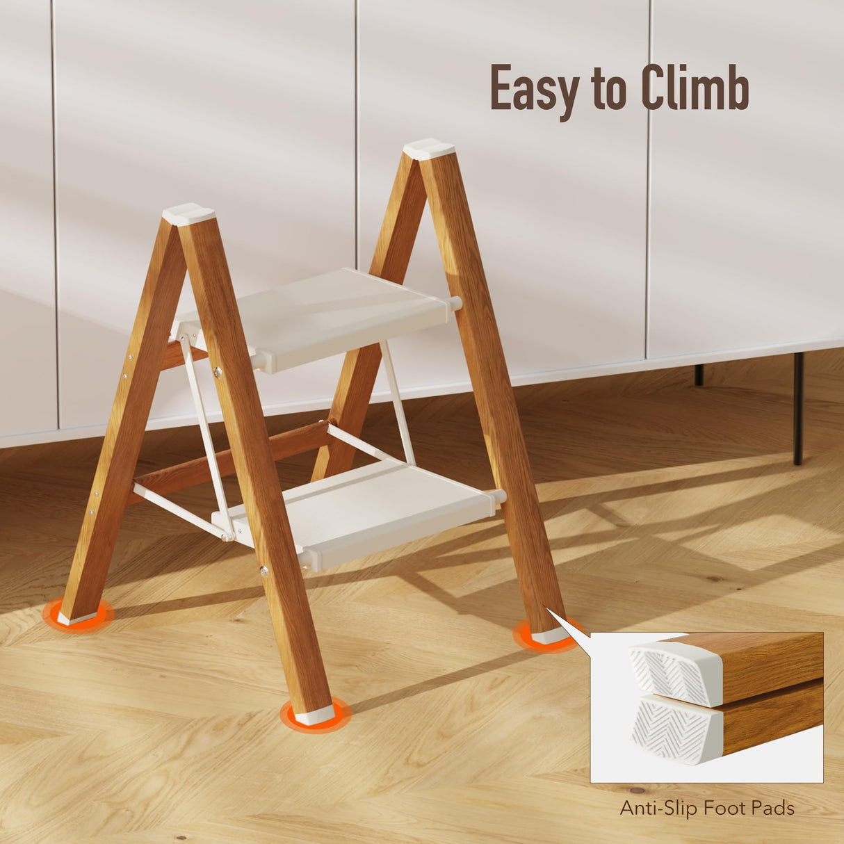 Mayi Plus 2 Step Lightweight Aluminum Folding Ladder, Portable Step Stool with Anti-Slip Pedals, 330 lbs Capacity for Home, Office, Kitchen（White&Woodgrain） mayi plus