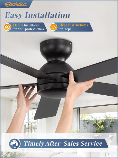 48 Inch Flush Mount Ceiling Fan no Light, Black Ceiling Fan with Remote, 6-Speeds, Quiet Reversible DC Motor, Indoor/Outdoor Ceiling Fans without Lights for Patio, Living Room, Bedroom Fanbulous