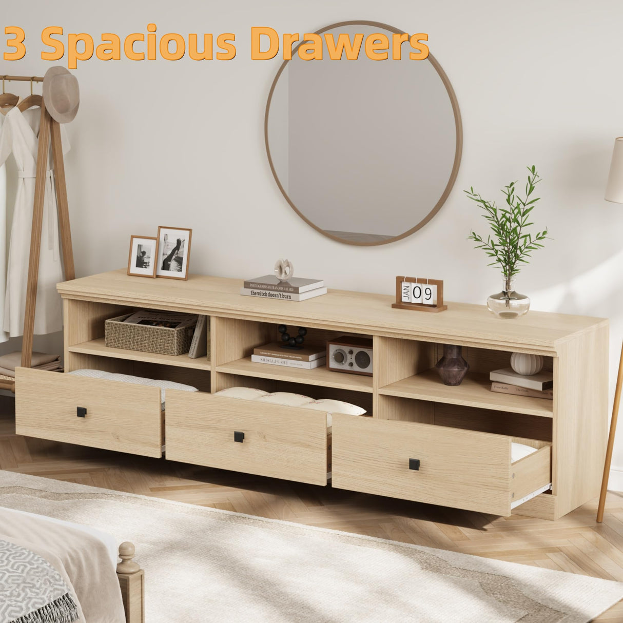 IDEALHOUSE 70in TV Stand for TVs up to 80", Mid Century Modern Entertainment Center with Storage Drawer and Open Shelves, TV Console Media Cabinet for Living Room, Bedroom (Light Oak) IDEALHOUSE