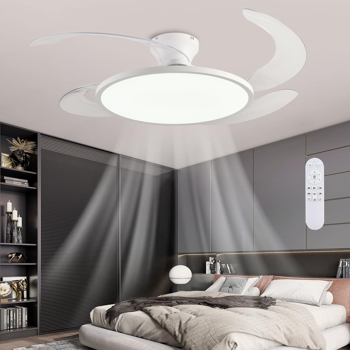 AHAWILL 48'' Retractable Ceiling Fan,Full Spectrum Low Profile Ceiling Fan with Light and Remote,Modern White Fan for Dinning Room Living Room Bedroom,Retractable Blades,Dimmable,Timer Setting AHAWILL