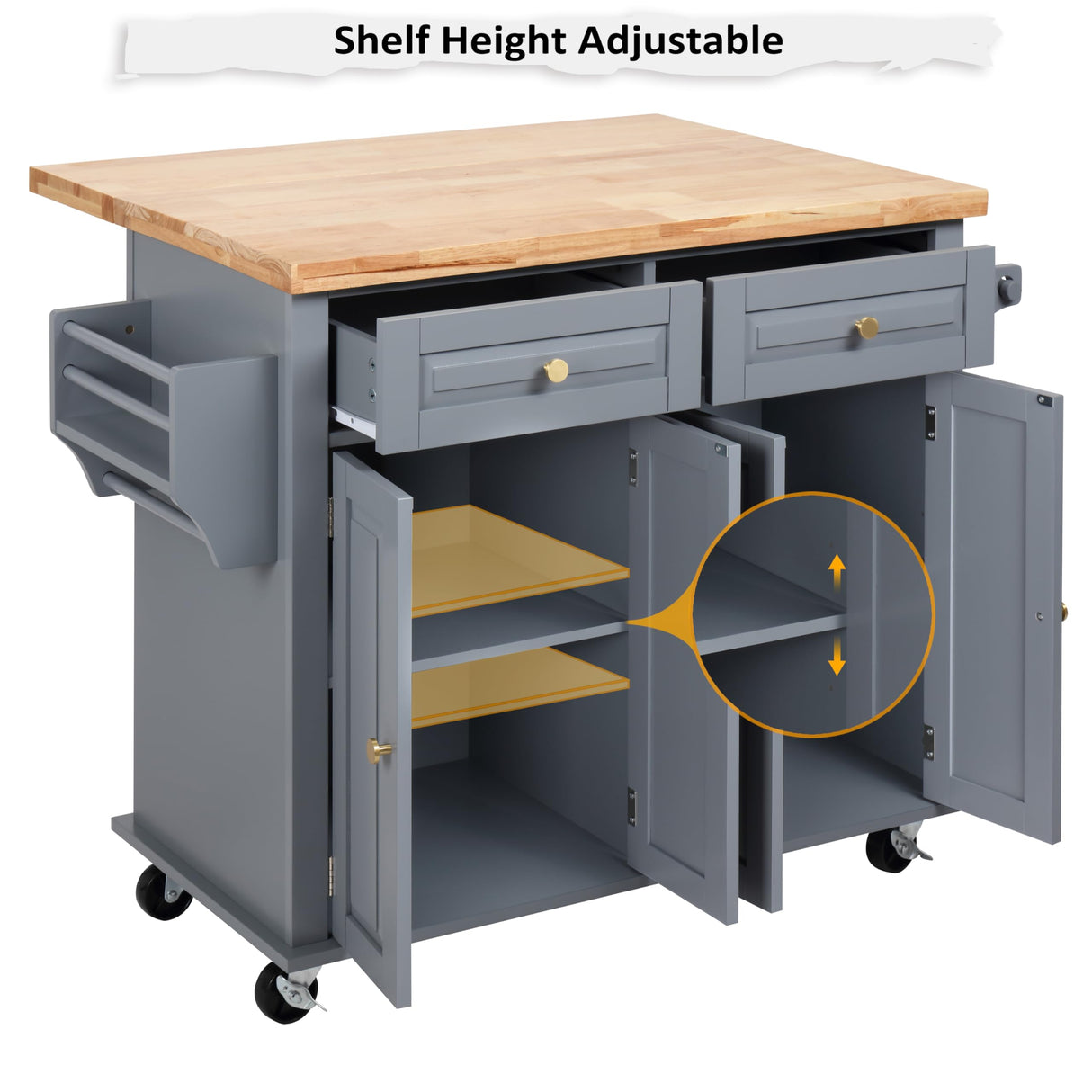 Finnhomy Rolling Kitchen Island With Drop Leaf, Thicken Rubberwood Top, Spice Rack, Towel Rack, Drawer, 43.3" Portable Mobile Kitchen Island Carts Table, Storage Cabinet, Both Wheels and Feet Included Finnhomy