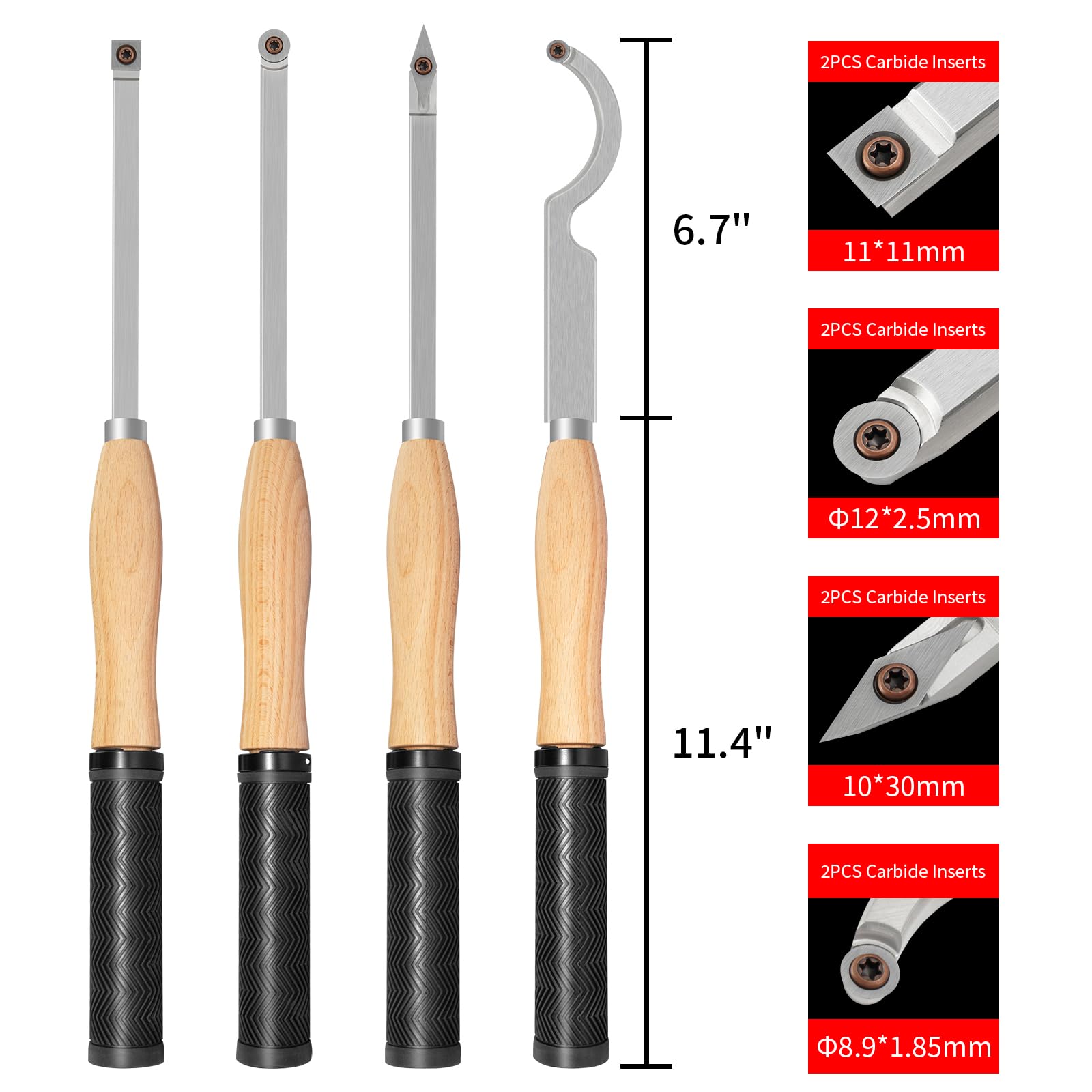 DEEFIINE 18.3" Full Size Carbide Tip Wood Lathe Turning Tool Kit, Lathe Roughing and Finishing Hollow Tool with 8pcs Diamond Round Square Carbide inserts For Woodturning(4 set) - WoodArtSupply