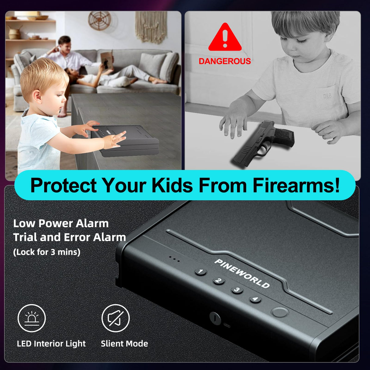 PINEWORLD Gun Safe For Handgun, Gun Case, Biometric Gun Safe For Car, Pistol Safes With Fingerprint|Passcode|Key Unlock, Full Voice Prompt Gun Lock Box with Cable, Charging Port PINEWORLD