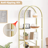 IDEALHOUSE Bookshelf 5 Tier Bookcase Arched Display Racks Tall Standing Bookshelves Metal Frame Modern Storage Rack Shelf Large Wood Book Shelf for Bedroom, Living Room, Home Office, White/Gold IDEALHOUSE